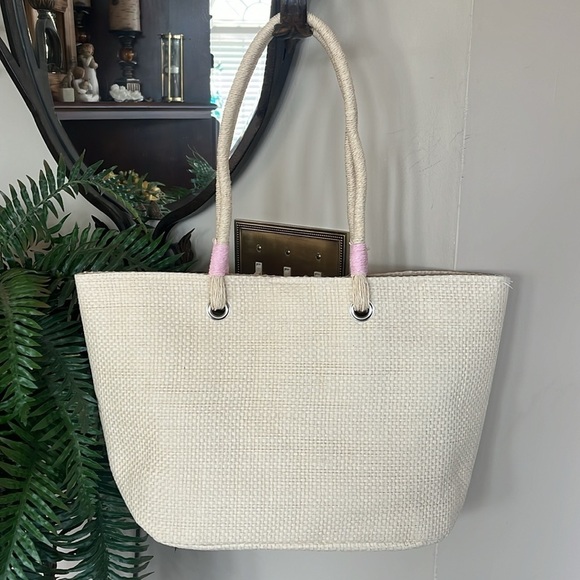 Brand New Capelli Straw Shoulder Bag Sequined Pink Heart Tote Snap Close Natural - Picture 8 of 14